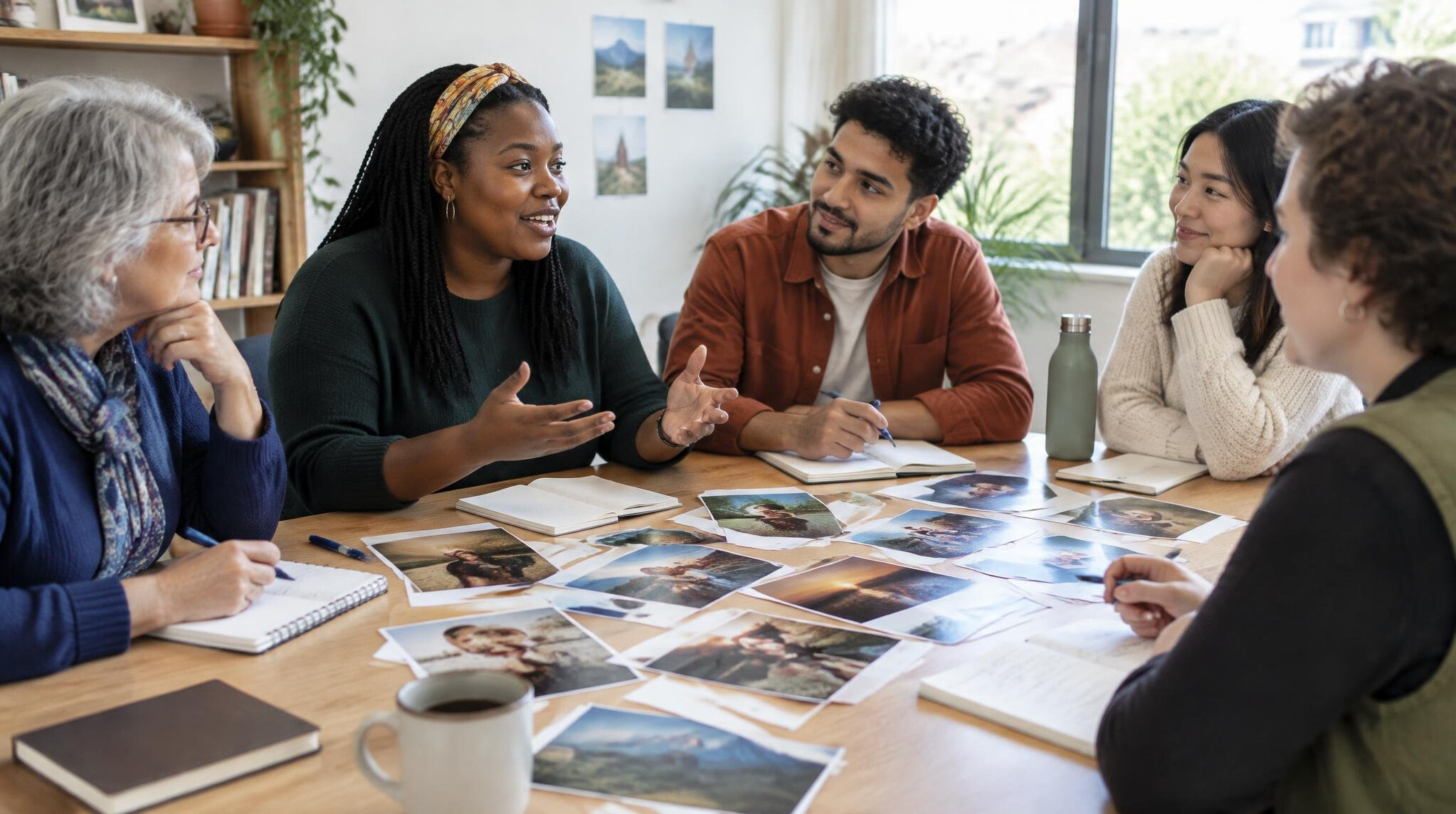 A group of people around a table during a storytelling workshop with photos and notebooks
