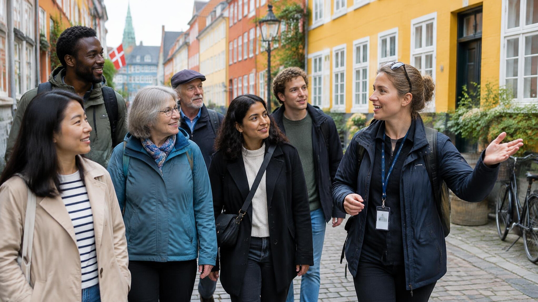 A guide leading a small group of visitors through a cobblestone street in Copenhagen
