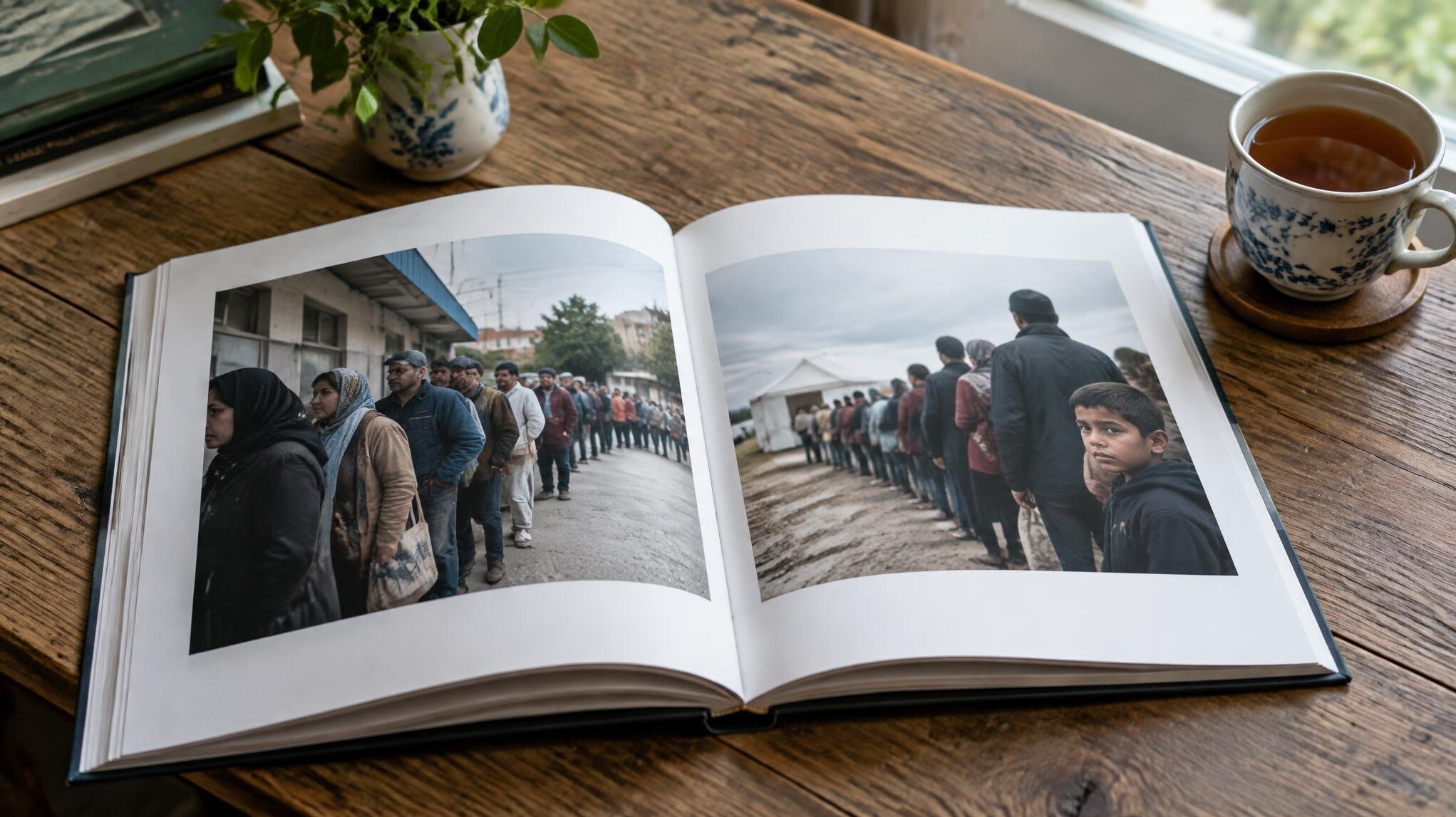 An open printed photo book showing queue photographs on a wooden table