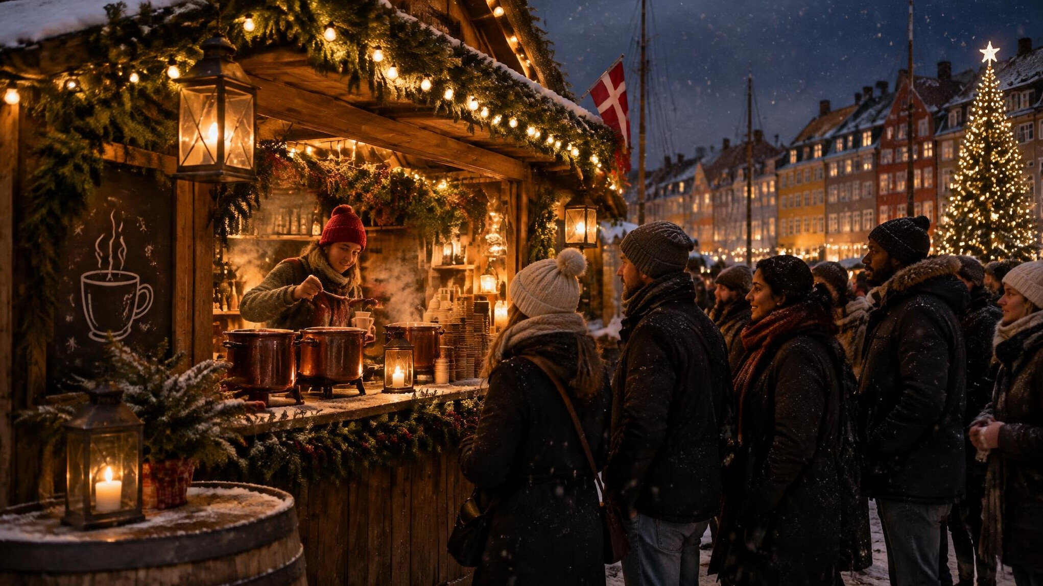A line of people waiting at a mulled wine stall in a Danish Christmas market at night