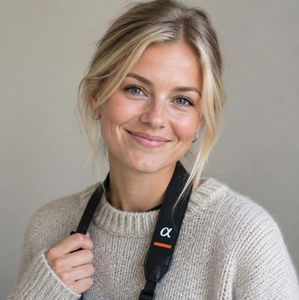 Studio portrait of a young Danish woman photographer smiling