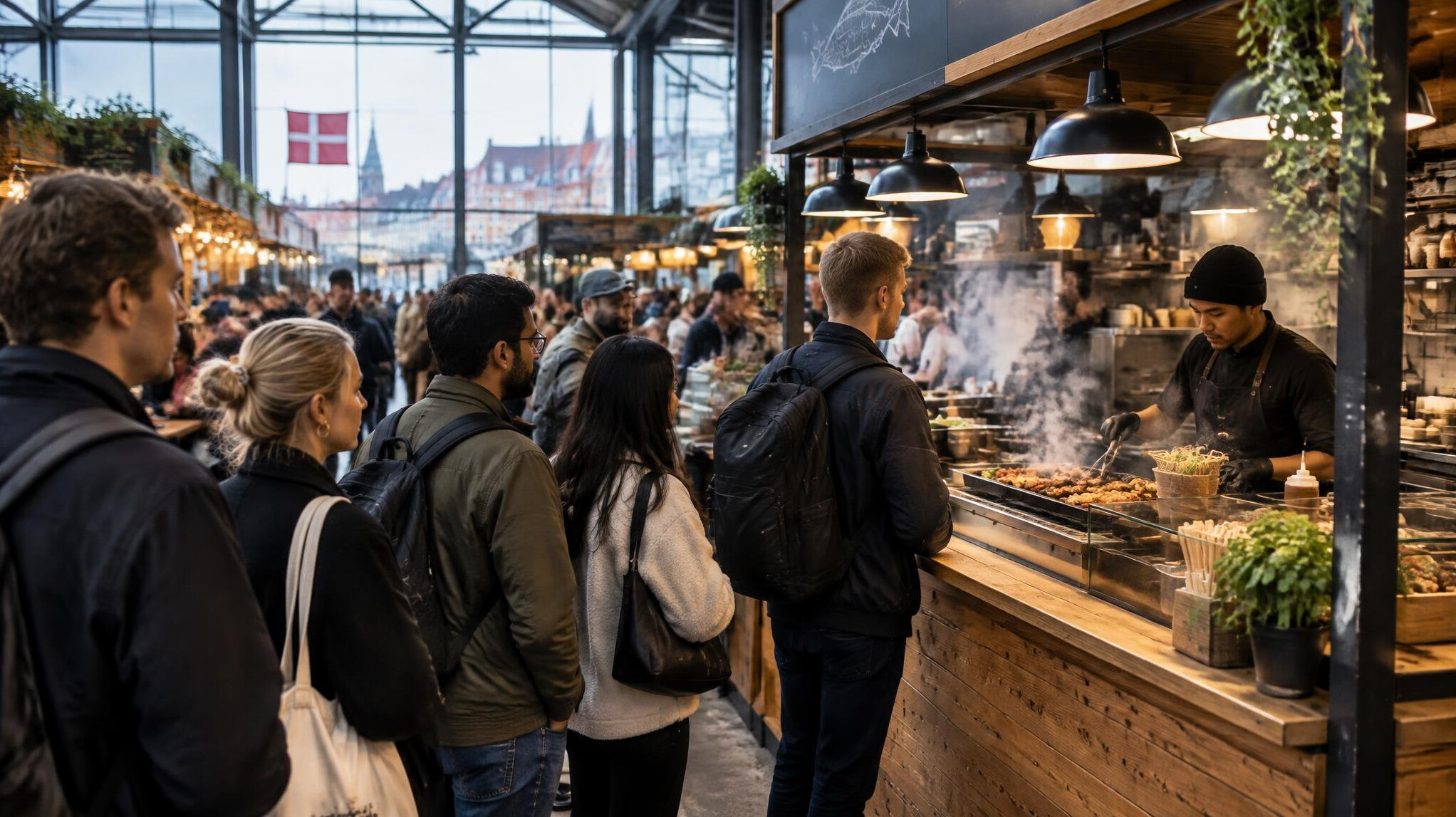 People queueing at a street food stall inside a Copenhagen food market hall