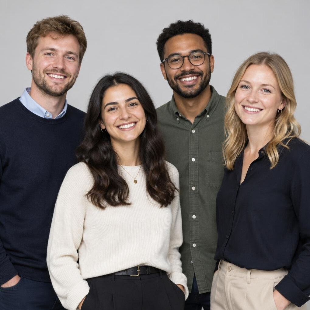 Studio group portrait of four smiling colleagues from the storytelling team