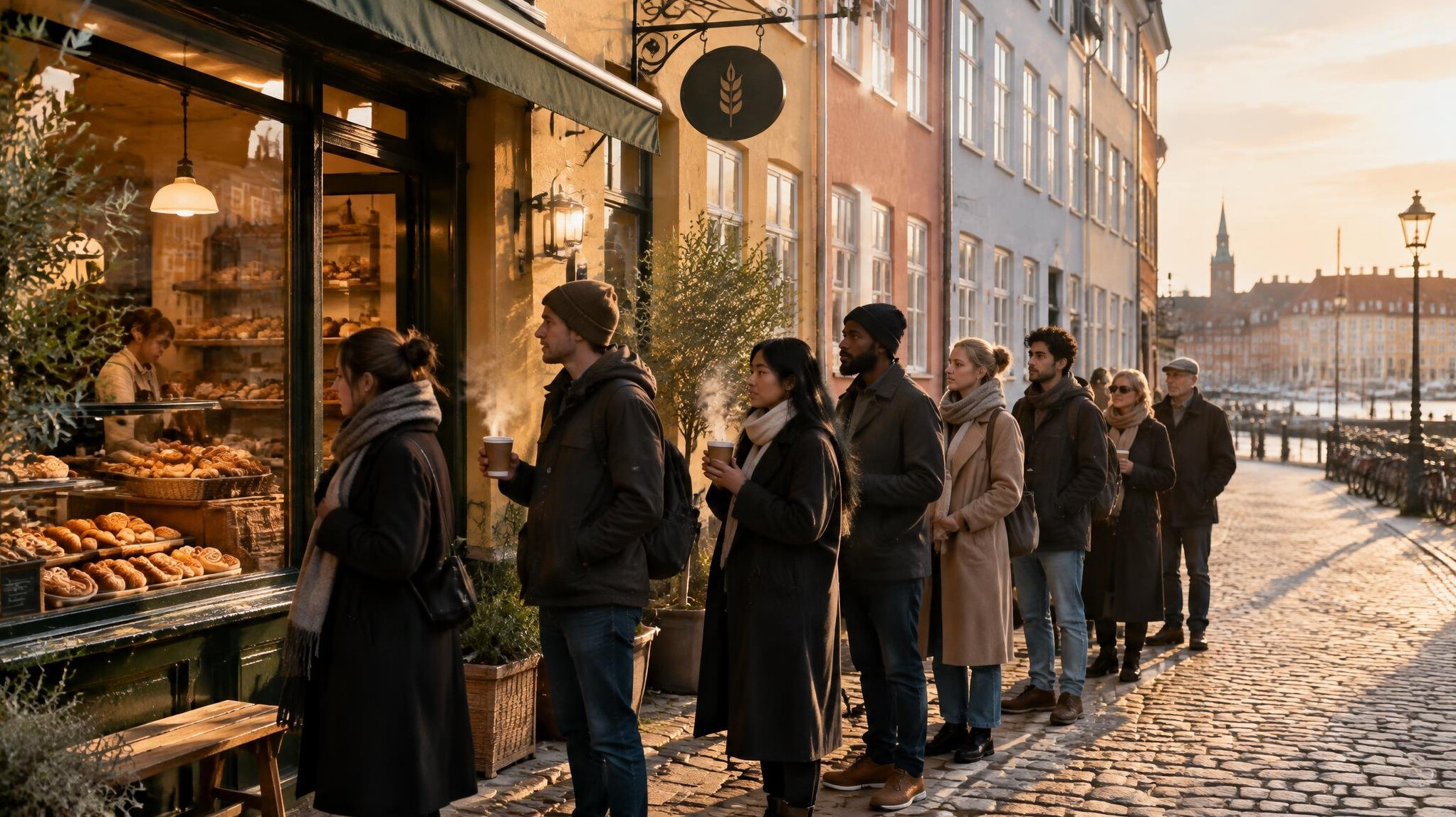 People queueing outside a Danish bakery in the early morning