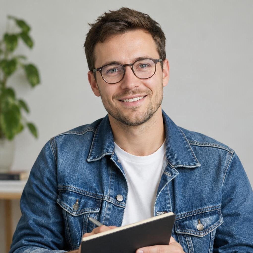 Studio portrait of a young Danish man writer with glasses