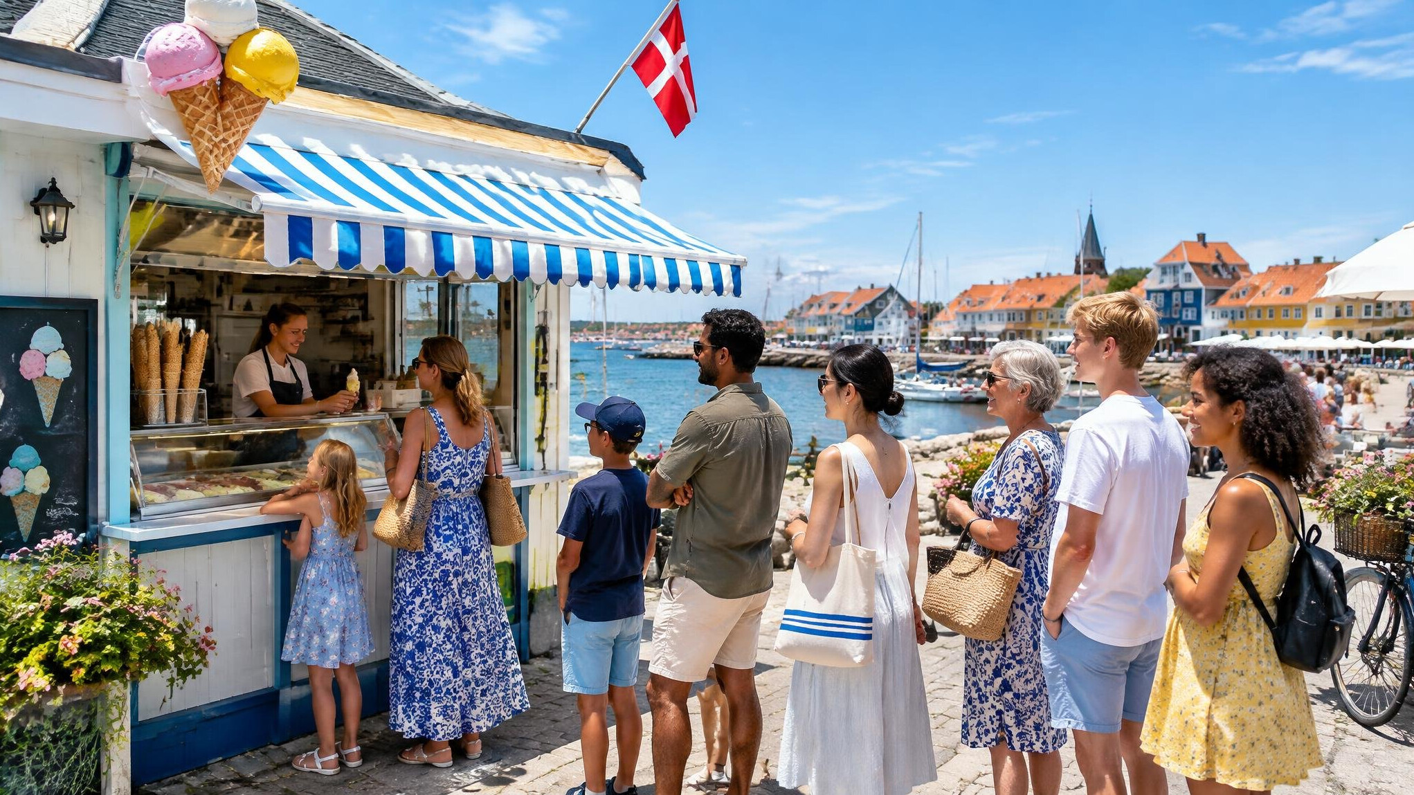 People lining up at an ice cream kiosk on a sunny Danish coastal street