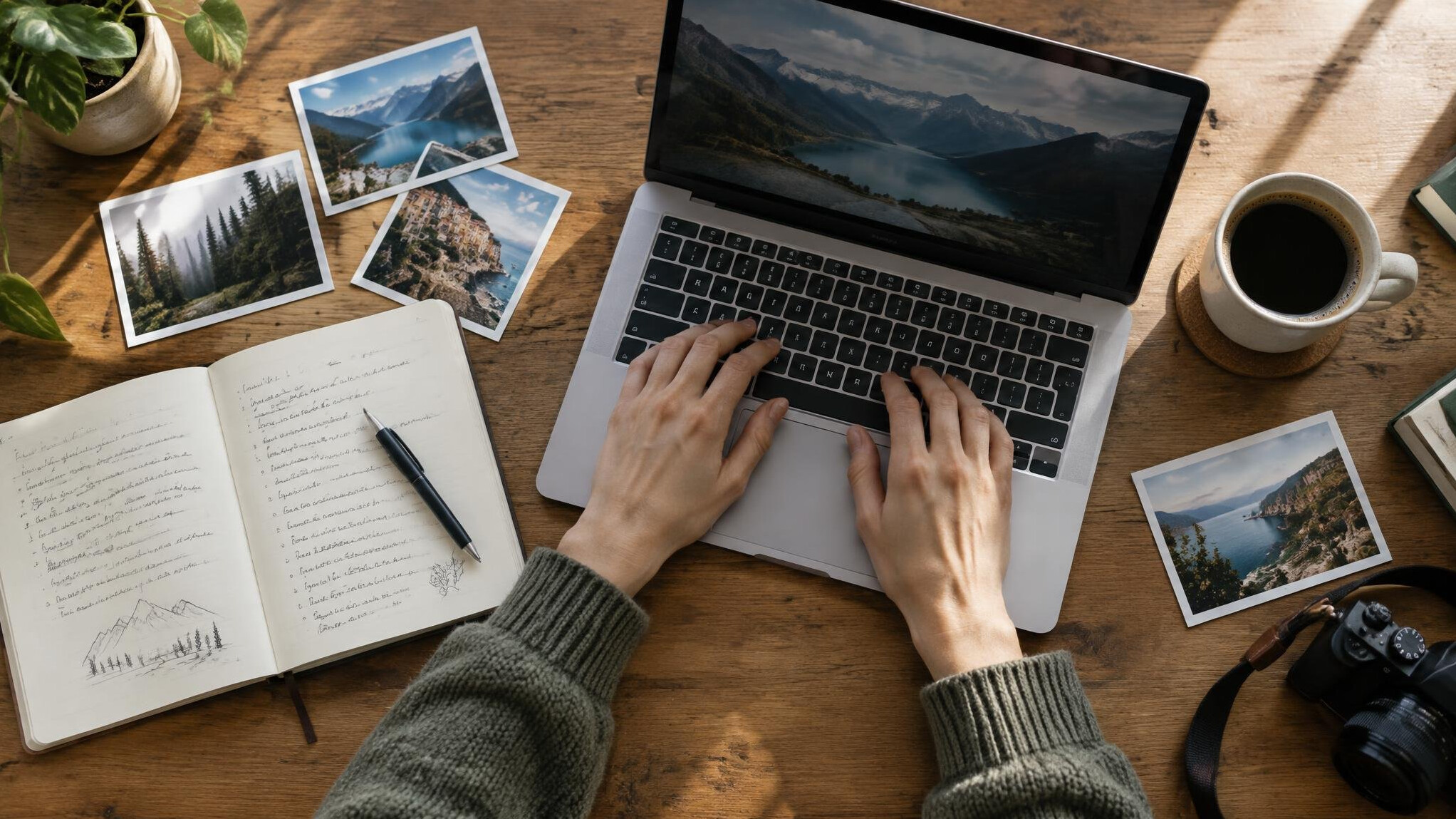 Overhead view of hands typing on a laptop next to a notebook and coffee